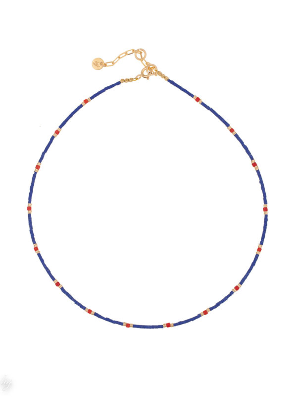 collier ras de cou perles tube bleu et corail rouge camille luj