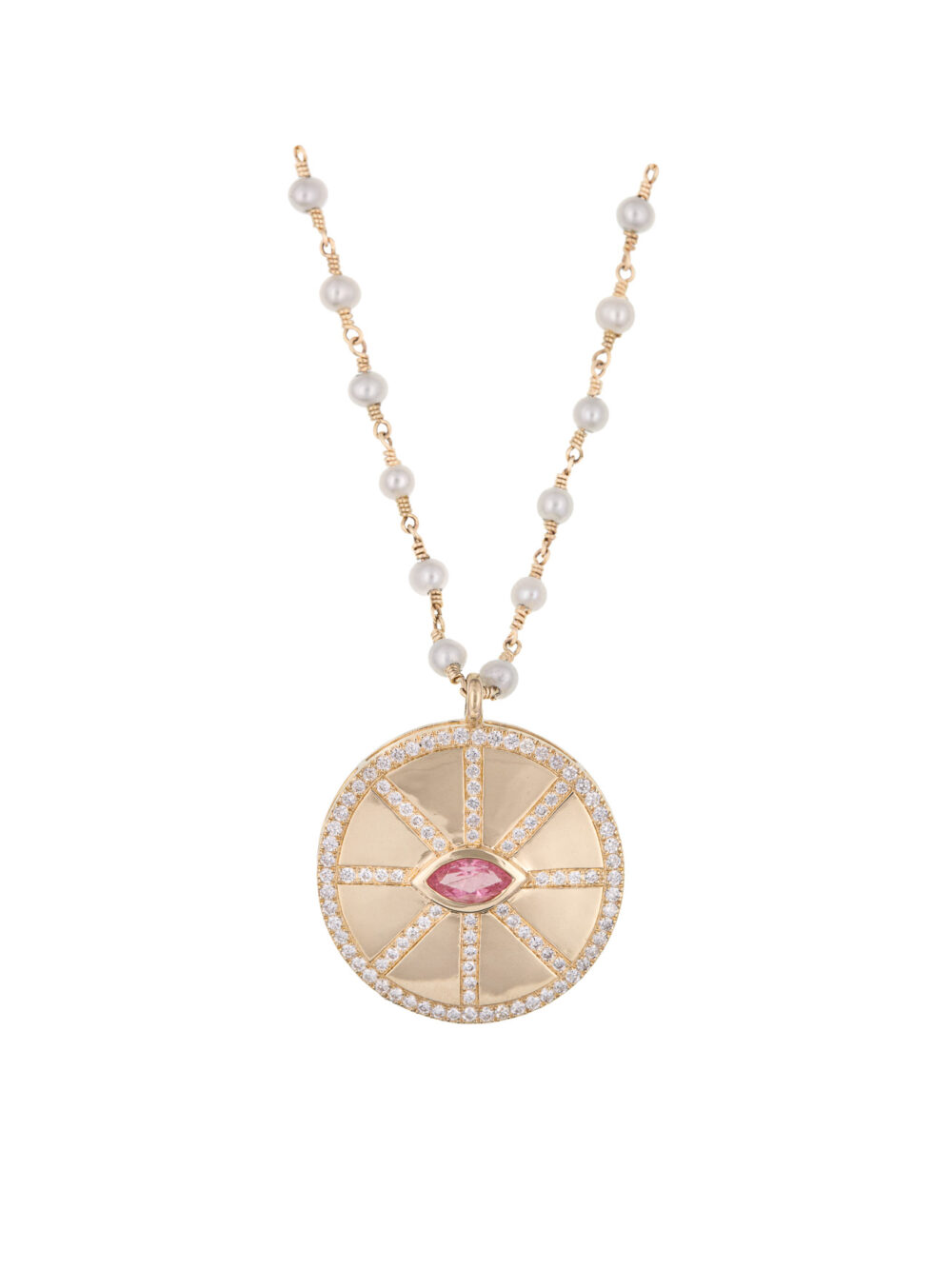 collier de perles médaille diamants et tourmaline rose diane luj paris joaillerie